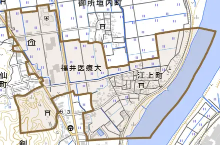 江上町とその周辺の地図。町の範囲を重ねている