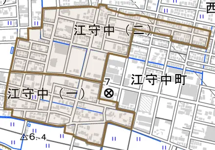 江守中とその周辺の地図。町の範囲を重ねている