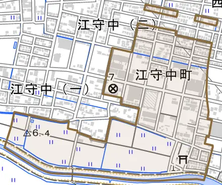江守中町とその周辺の地図。町の範囲を重ねている