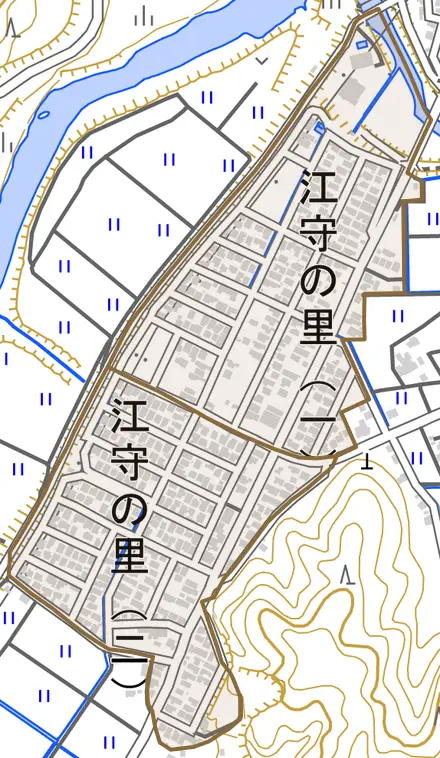 江守の里とその周辺の地図。町の範囲を重ねている