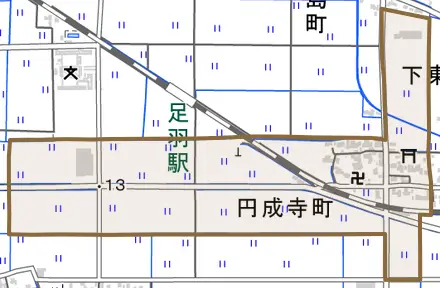 円成寺町とその周辺の地図。町の範囲を重ねている