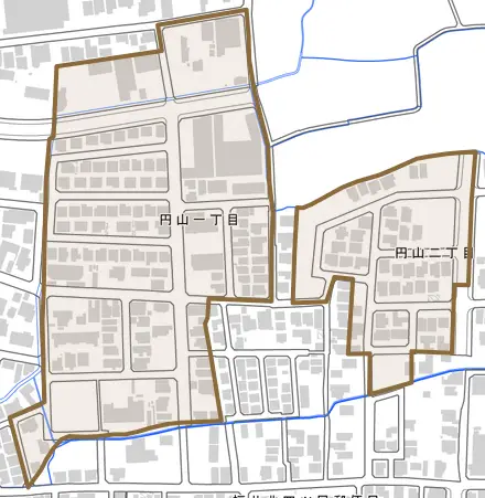 円山とその周辺の地図。町の範囲を重ねている