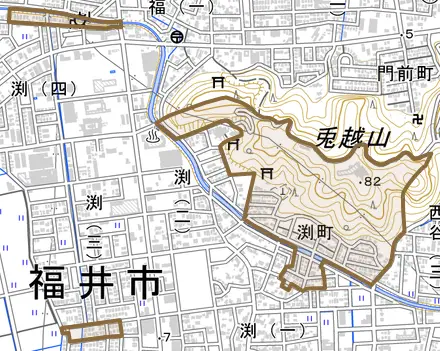 渕町とその周辺の地図。町の範囲を重ねている