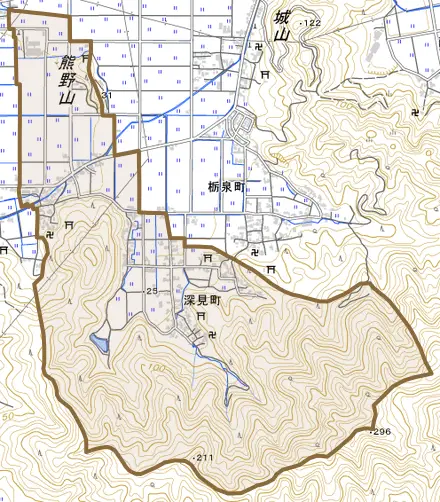 深見町とその周辺の地図。町の範囲を重ねている