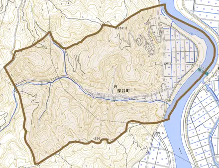 深谷町とその周辺の地図。町の範囲を重ねている