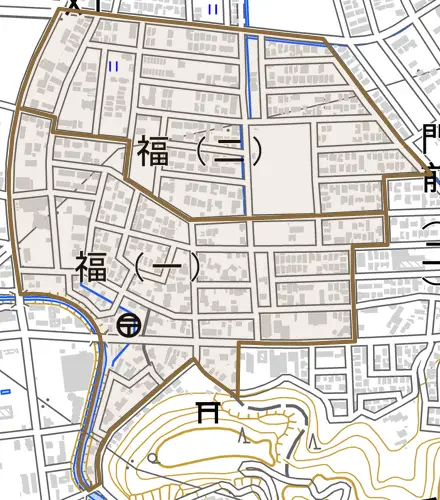 福とその周辺の地図。町の範囲を重ねている