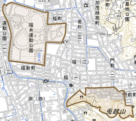福町とその周辺の地図。町の範囲を重ねている