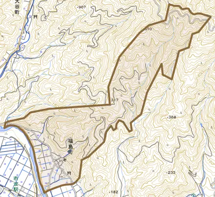 福島町とその周辺の地図。町の範囲を重ねている
