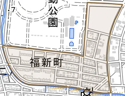 福新町とその周辺の地図。町の範囲を重ねている