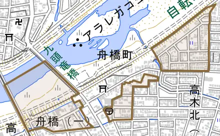 舟橋とその周辺の地図。町の範囲を重ねている
