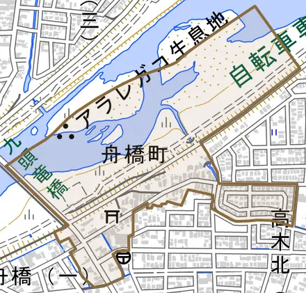 舟橋町とその周辺の地図。町の範囲を重ねている