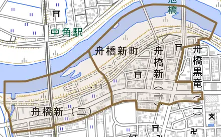 舟橋新とその周辺の地図。町の範囲を重ねている