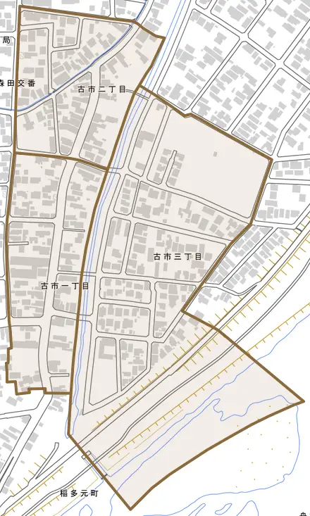 古市とその周辺の地図。町の範囲を重ねている