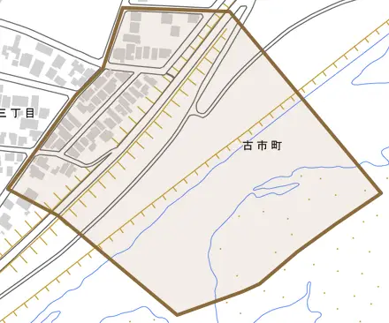 古市町とその周辺の地図。町の範囲を重ねている