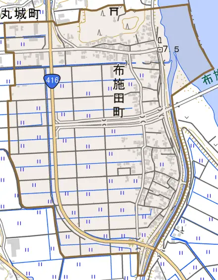 布施田町とその周辺の地図。町の範囲を重ねている
