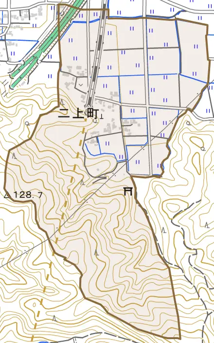 二上町とその周辺の地図。町の範囲を重ねている