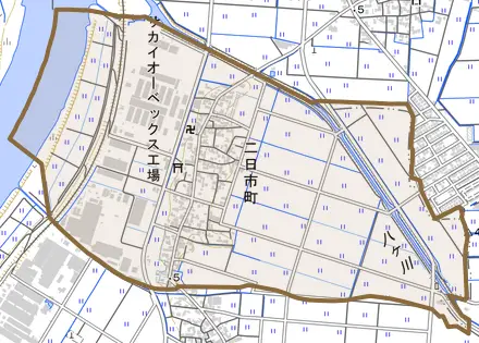 二日市町とその周辺の地図。町の範囲を重ねている