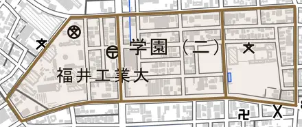 学園とその周辺の地図。町の範囲を重ねている