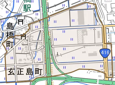 玄正島町とその周辺の地図。町の範囲を重ねている