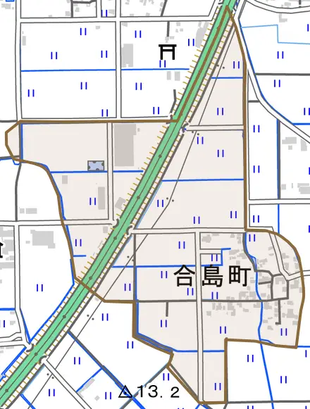 合島町とその周辺の地図。町の範囲を重ねている