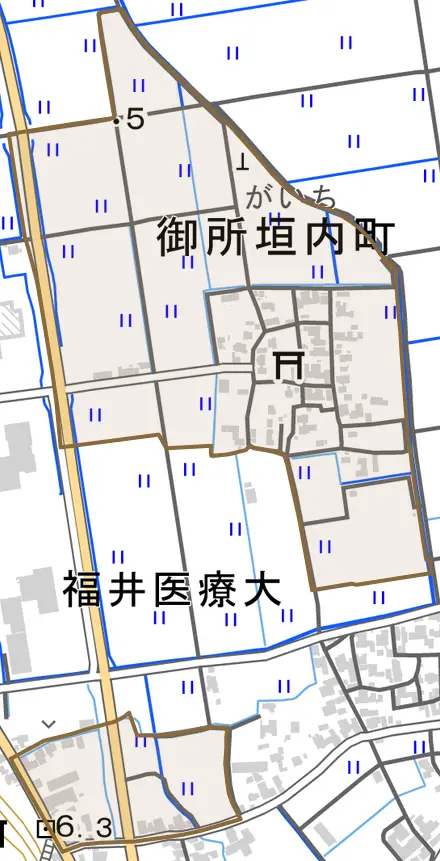 御所垣内町とその周辺の地図。町の範囲を重ねている