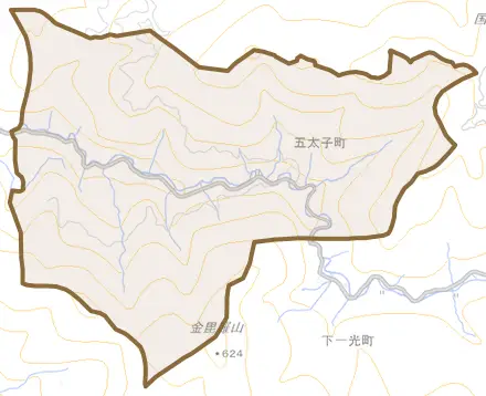 五太子町とその周辺の地図。町の範囲を重ねている