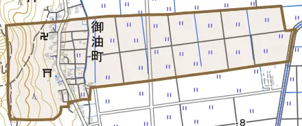 御油町とその周辺の地図。町の範囲を重ねている