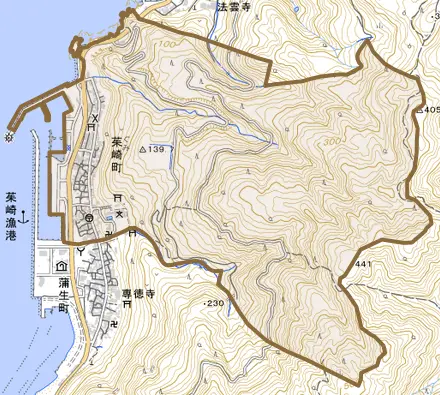 茱崎町とその周辺の地図。町の範囲を重ねている