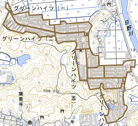 グリーンハイツとその周辺の地図。町の範囲を重ねている