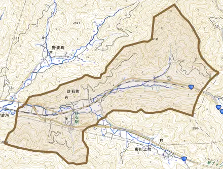 計石町とその周辺の地図。町の範囲を重ねている