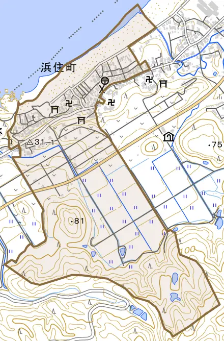 浜住町とその周辺の地図。町の範囲を重ねている