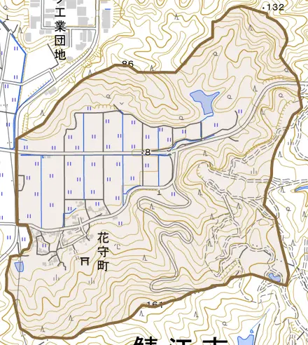 花守町とその周辺の地図。町の範囲を重ねている
