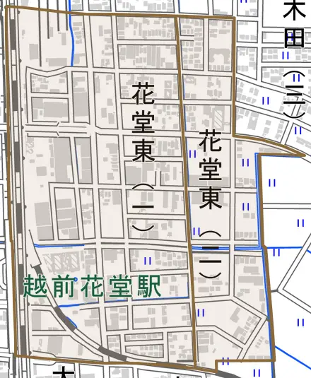 花堂東とその周辺の地図。町の範囲を重ねている