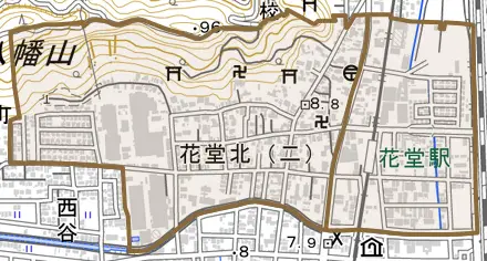 花堂北とその周辺の地図。町の範囲を重ねている