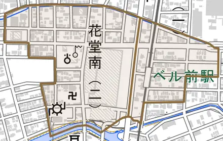 花堂南とその周辺の地図。町の範囲を重ねている