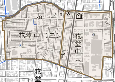 花堂中とその周辺の地図。町の範囲を重ねている