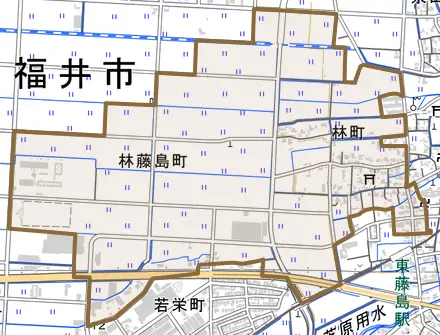林町とその周辺の地図。町の範囲を重ねている