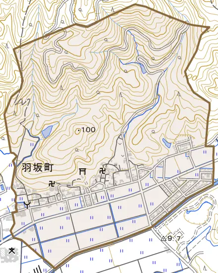羽坂町とその周辺の地図。町の範囲を重ねている