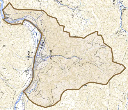 東天田町とその周辺の地図。町の範囲を重ねている