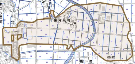 東今泉町とその周辺の地図。町の範囲を重ねている