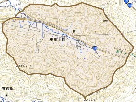 東川上町とその周辺の地図。町の範囲を重ねている