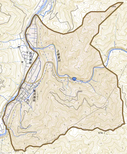 東河原町とその周辺の地図。町の範囲を重ねている