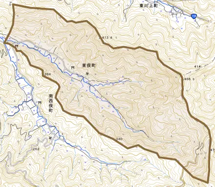東俣町とその周辺の地図。町の範囲を重ねている