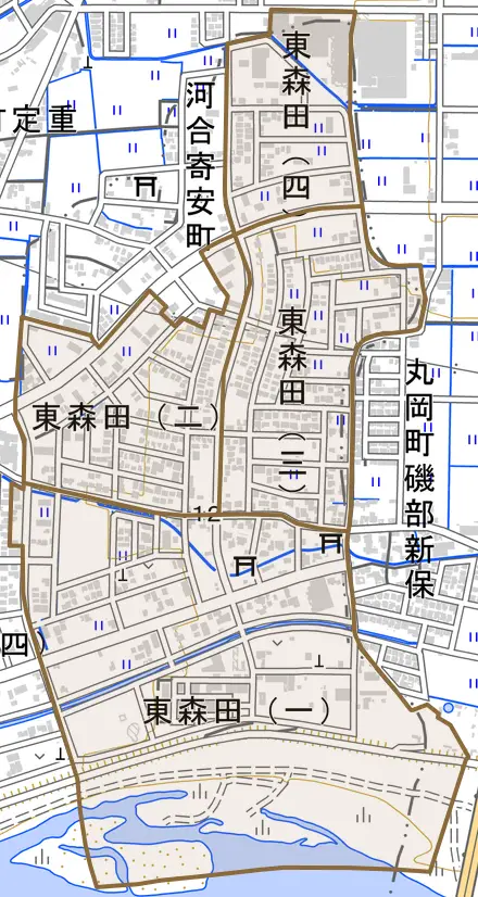 東森田とその周辺の地図。町の範囲を重ねている