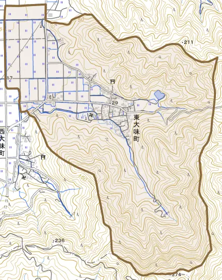 東大味町とその周辺の地図。町の範囲を重ねている