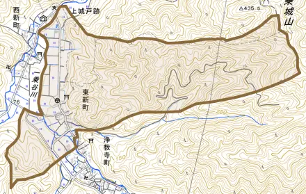 東新町とその周辺の地図。町の範囲を重ねている