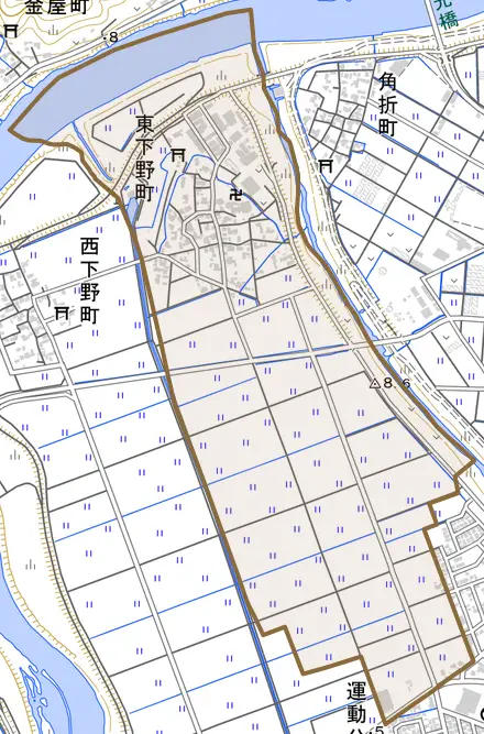 東下野町とその周辺の地図。町の範囲を重ねている
