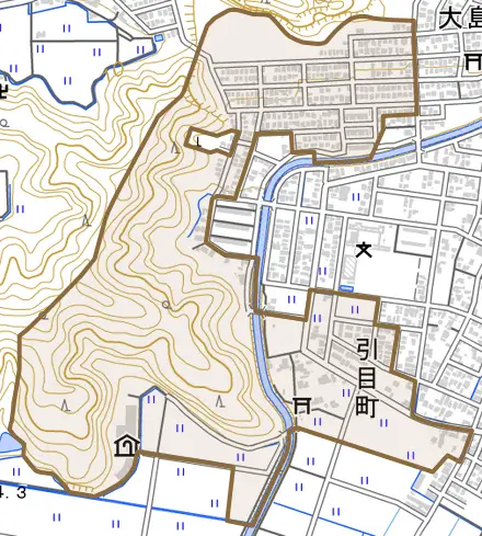 引目町とその周辺の地図。町の範囲を重ねている