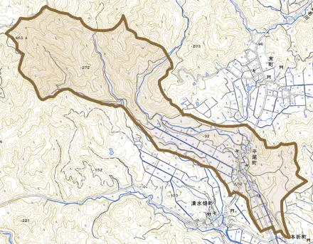 平尾町とその周辺の地図。町の範囲を重ねている