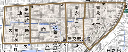 宝永とその周辺の地図。町の範囲を重ねている